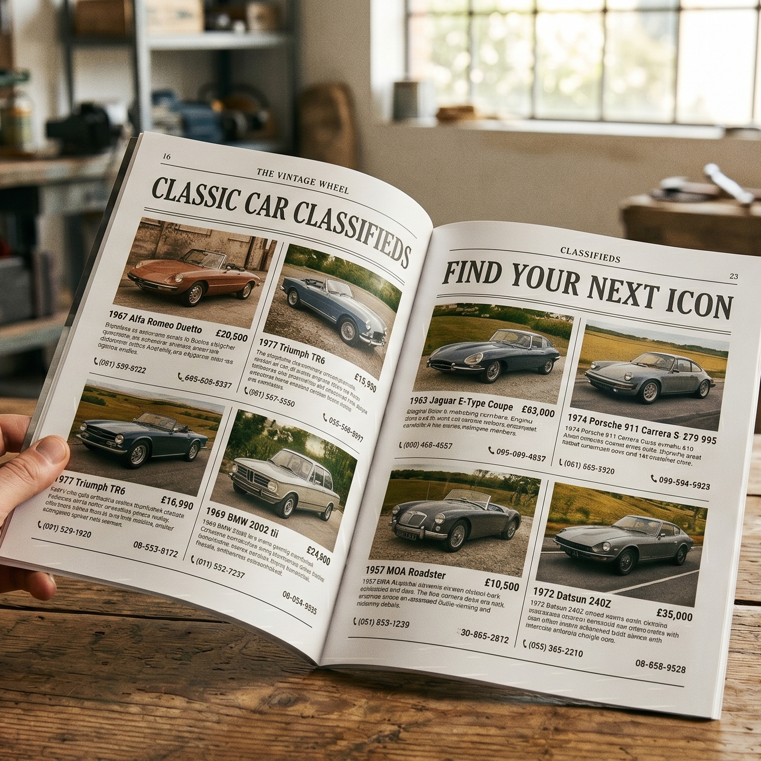 Person reading a newspaper with car ads in a workshop setting