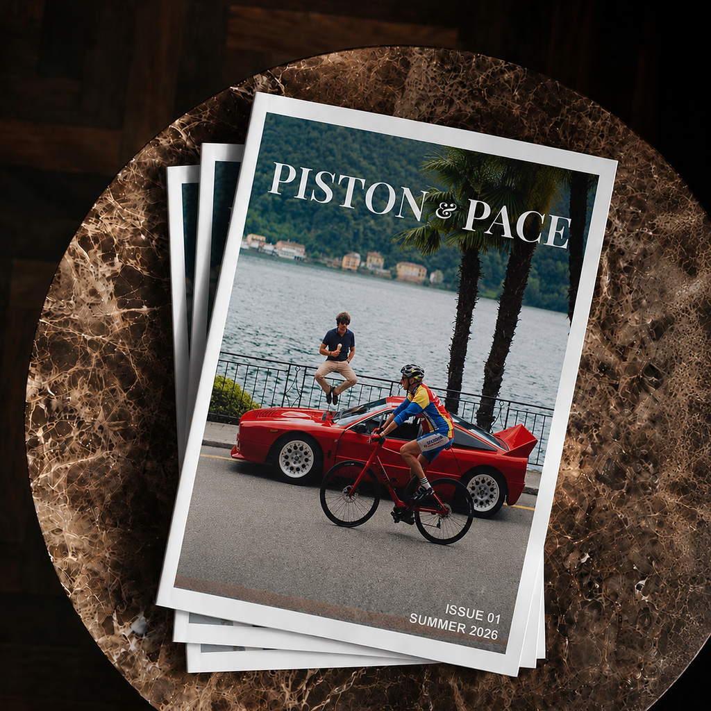 Magazine titled 'Piston & Pace' on a marble surface